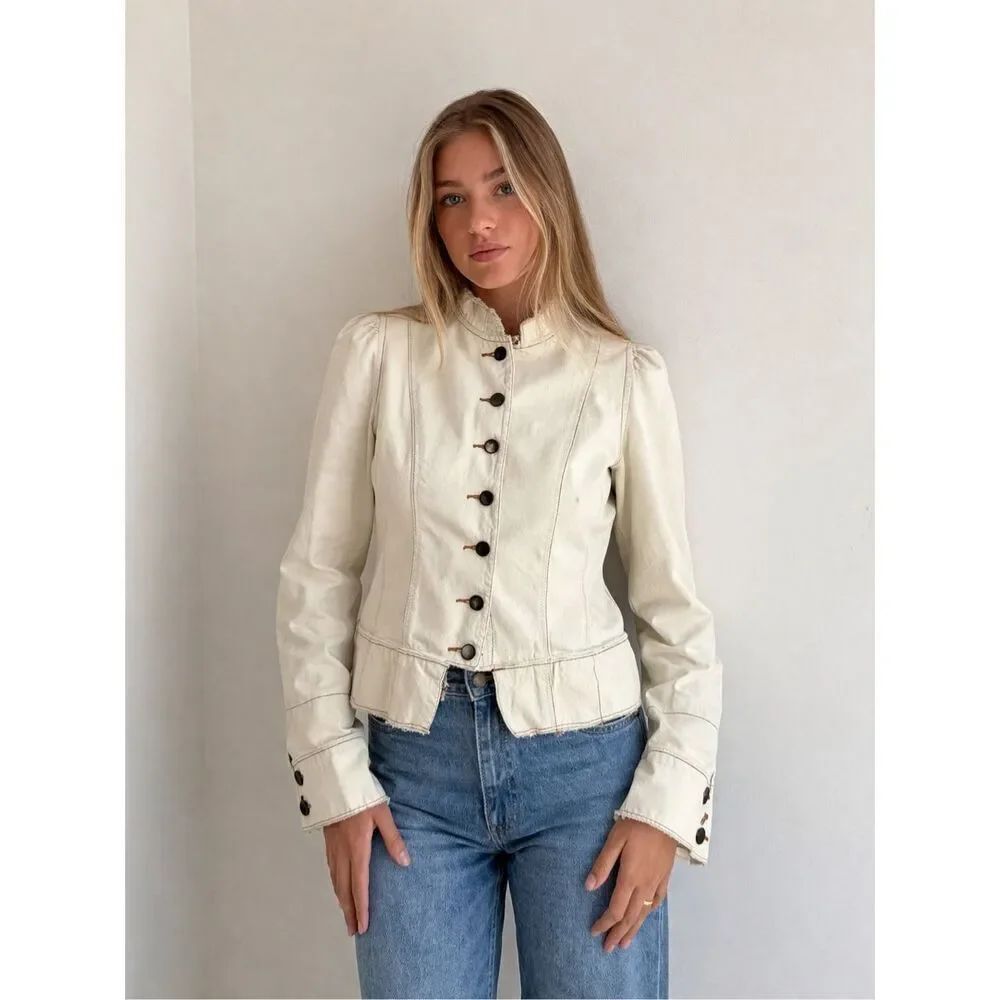 Boutique Cream Jacket Sz M Vintage Style Fitted Button Front Peplum Detail Note